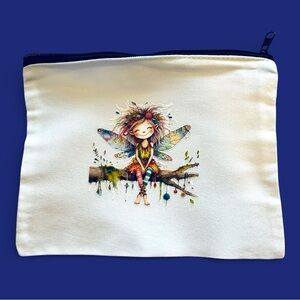 Fairy Art Canvas Cosmetic Bag Cream with Colorful Illustration. Handmade